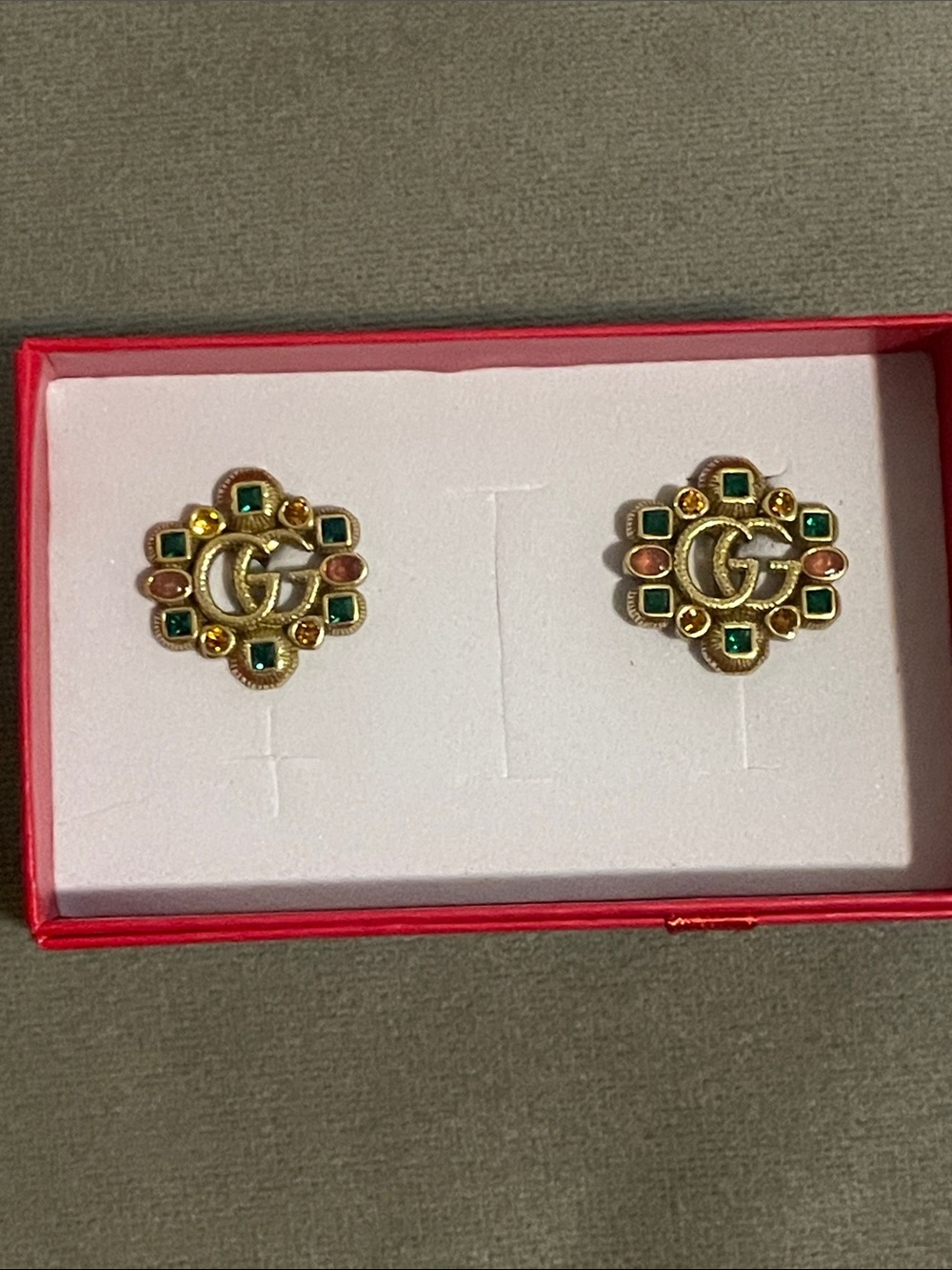 Gucci Gold-Tone GG Floral Stud Earrings with Green & Pink Accents Vintage